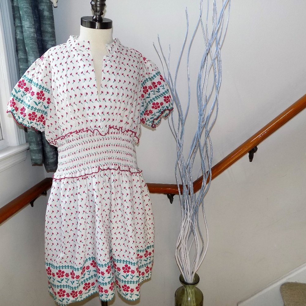 White Red & Green Floral Print Dress Size Large